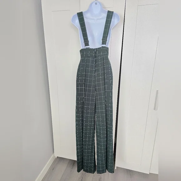 NWOT Rare Unique Vintage Windowpane Emerald Rochelle Plaid Suspender Pants - Picture 9 of 10